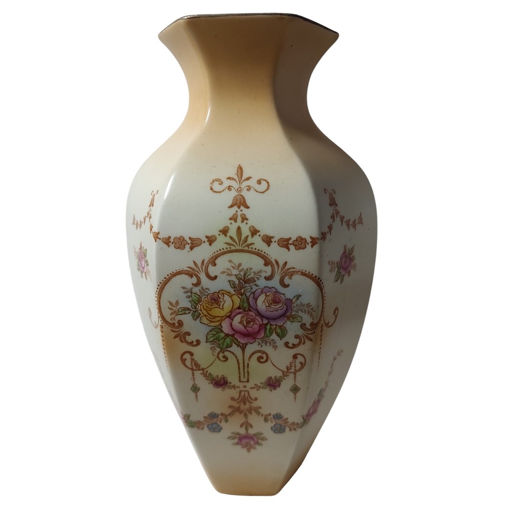 Crown Ducal Ware Regal Floral Vase Hexagon‎ Art Deco England Antique SEE